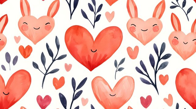 Romantic Seamless Watercolor Hearts and Florals Pattern for Customized Love Cards