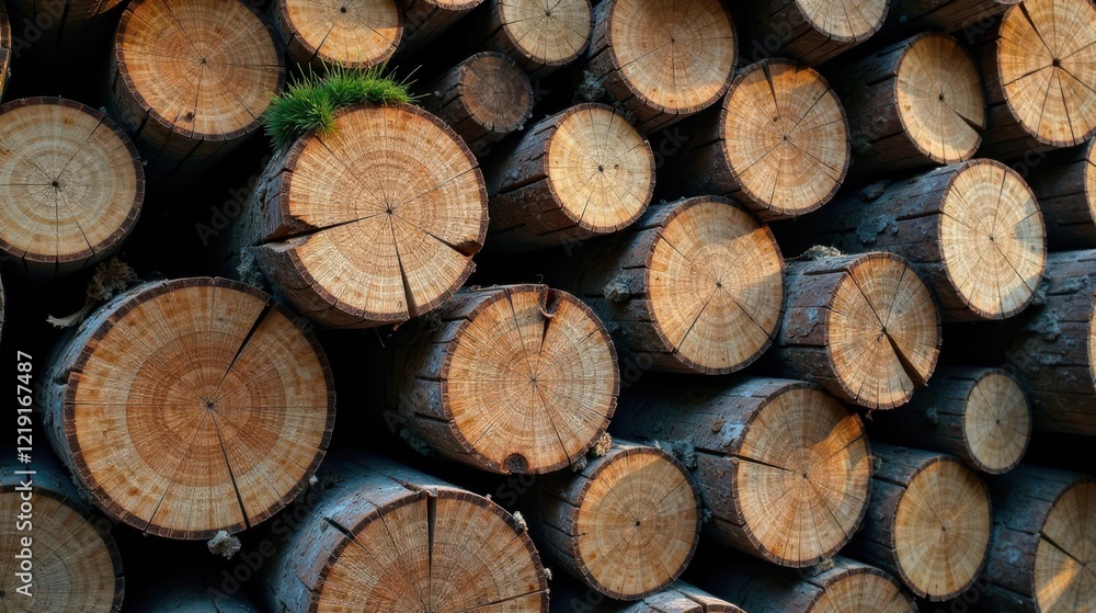 Poster a stack of circular wood logs, showing natural grain and texture, with a tiny patch of green vegetat
