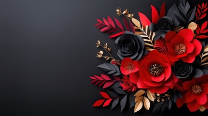 An artistic portrayal of luxurious red and black flowers arranged on a dark backdrop, creating an alluring and sophisticated visual for modern decor and artistic expression.