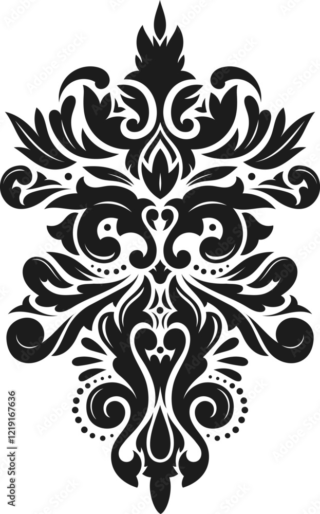 Poster symmetrical black and white damask pattern featuring vintage decorative elements, creating an elegan