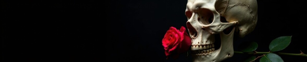 A skull with a red rose in its mouth on a black background, isolated, isolated, macabre, roses