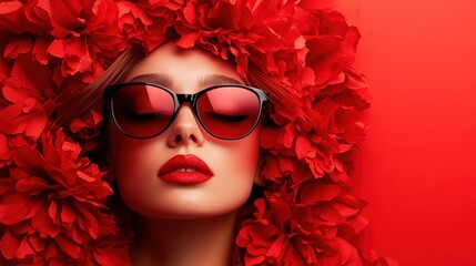 A captivating portrait of a woman adorned with lush red flowers and bold sunglasses, reflecting modern fashion trends and bold personal expression in a vibrant red setting.