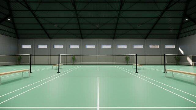Zoom in back view Indoor Badminton Court with Green Flooring and Benches