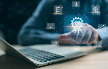 Businessman with guarantee check for client service. Client service and guarantee checkmark in business automation, quality management, online shopping, business automation, and financial ecosystem.