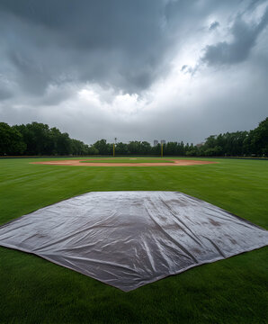 A panoramic view of a baseball diamond during a rain delay, the tarp covering the infield.



