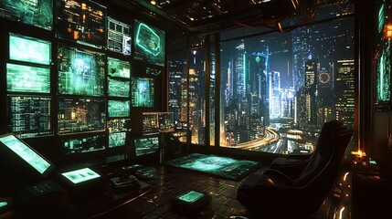 Futuristic Control Room with Night City View and Multiple Monitors