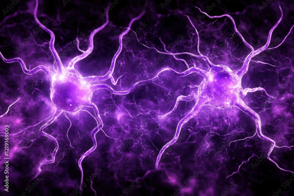 Poster abstract depiction of vibrant neural connections showcasing purple neurons illuminated against a dar