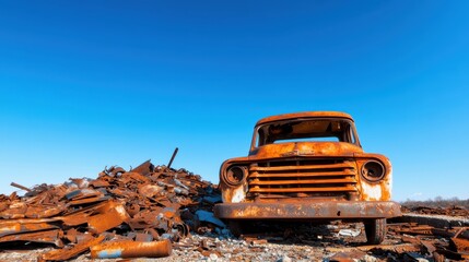 Fototapeta premium A vibrant orange truck with a rustic appearance stands among a pile of scrap metal, set against a brilliant blue sky, symbolizing resilience and history in a unique landscape.