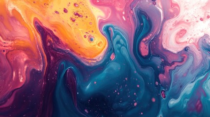 A stunning fluid art composition with swirling hues of blue, pink, orange, and yellow, creating a vibrant, abstract visual explosion.