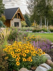 Bright sunflowers bloom in a serene garden setting