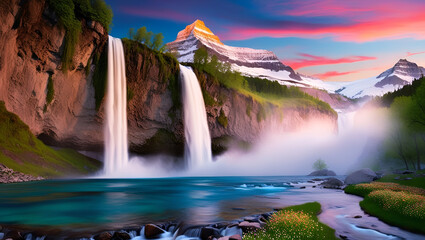 A stunning landscape featuring a cascading waterfall, vibrant rainbows, a serene river, lush greenery, and towering snow-capped mountains under a colorful, glowing sunset sky