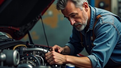 mechanic worker repair car engine close up