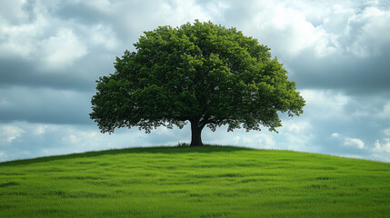 Fototapeta premium A single tree stands in a field against a cloudy sky