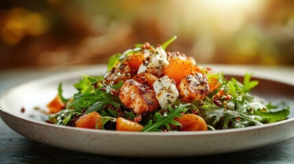 This enticing image features a colorful salad topped with grilled ingredients, perfectly blending vibrant colors and textures to create an appetizing dish.