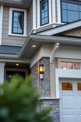 Modern Home Exterior: Brick and Stone Facade Design. Luxury Real Estate Property with Contemporary Architecture and Elegant Entrance. View of the house at night.