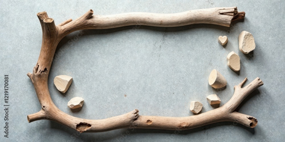 Poster rustic wooden branches frame with irregular beige stone pieces on a textured surface