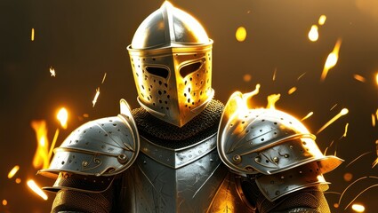 Fototapeta premium medieval knight, shining armor, golden helmet, intense flames, dramatic lighting, fiery background, sparks flying, epic fantasy, detailed metalwork, heroic pose, cinematic composition, high contrast, 