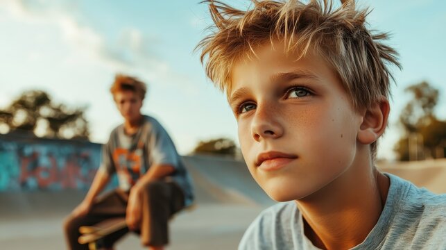 A thoughtful young boy practicing his skateboarding tricks at a park, embodying determination and youthful zeal in an urban environment.
