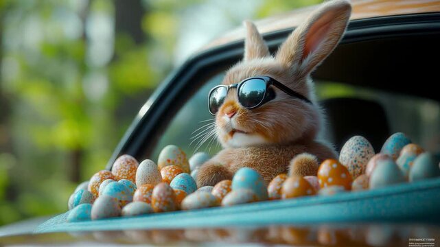 Cool bunny wearing sunglasses surrounded by colorful Easter eggs in a car window with a blurred background seamless looping overlay 4k video.