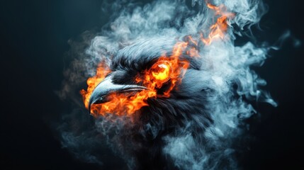 This image depicts a striking eagle with flames and smoke surrounding its fierce visage, symbolizing power and intensity in a captivating visual display.