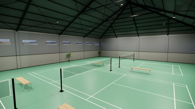 Aerial drone view zoom out of empty Badminton Court with Green Flooring and Benches