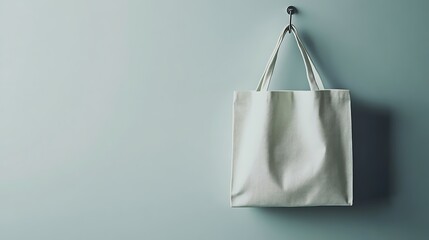 Clean white mock up bag hanging on wall minimalist display modern environment creative concept