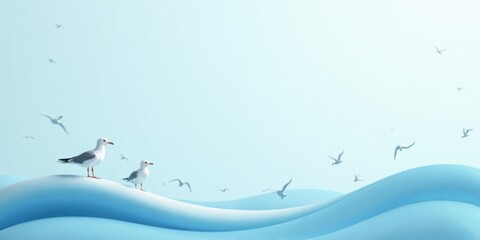 Serene Seascape Two Gulls Perched on Gentle, Rolling Waves Under a Calm, Azure Sky with a Flock of Birds in Flight