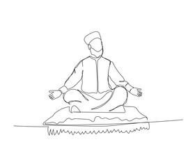 arab magician on a flying carpet, fairy tales, genie one line art. Continuous line drawing of online Muslims, Islam, traditions, clothing, folk, oriental.