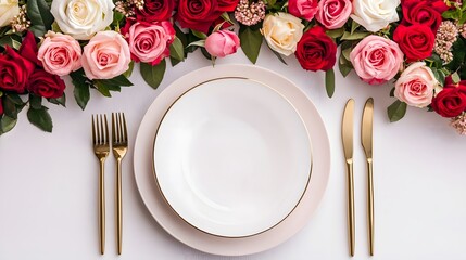 Elegant Valentine's Day Table Setting with Romantic Floral Arrangements and Golden Accents