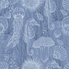 Seamless pattern with sea horse, jellyfish and shells. Hand drawn vector illustration on blue background.