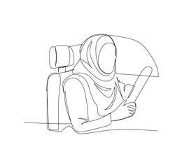 Muslim woman driving a car, Arab woman sitting behind the wheel one line art. Continuous line drawing of online Muslims, Islam, traditions, clothing, folk, oriental.