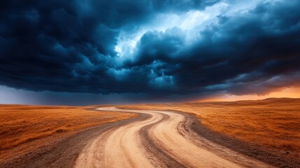A mesmerizing image of swirling clouds above a winding road at dusk, creating an atmosphere filled with intrigue and the promise of adventure through untouched landscapes.
