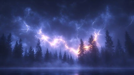 forest clearing illuminated by sudden flashes of lightning, creating dramatic atmosphere