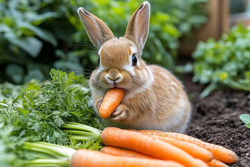 little rabbit is happily eating carrot in lush garden filled with greenery