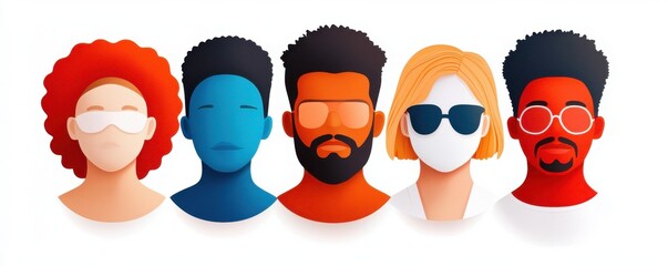Colorful, stylized illustrations of diverse faces with varying hairstyles and accessories, showcasing individuality and creativity.