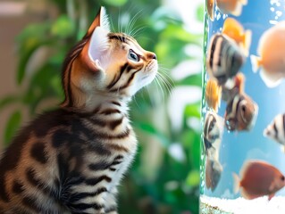 Obraz premium Adorable Bengal Kitten Gazing at Fish Tank Aquarium