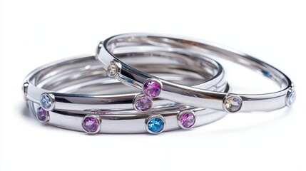 A set of silver bangles with gemstone embellishments on a white isolated background