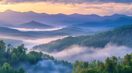 Sunrise mist shrouds Appalachian mountains; scenic vista