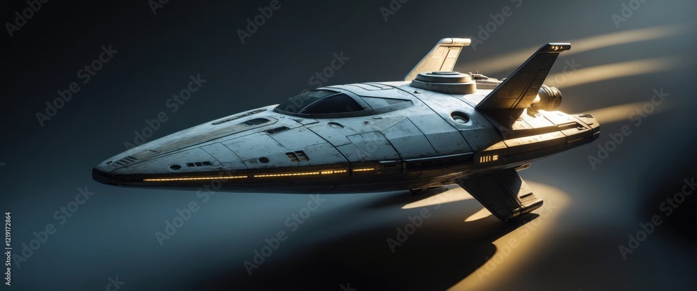 Poster a futuristic spaceship glides through a dark space, illuminated by glowing lights, showcasing sleek 