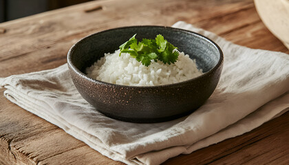 White rice in bowl on wooden table. Selective focus