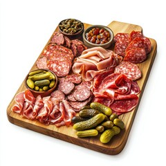 A gourmet charcuterie board with cured meats and pickles, isolated white background, pop art style