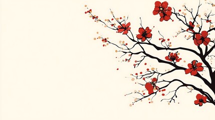 Red Blossoms Branching Out On Cream Background