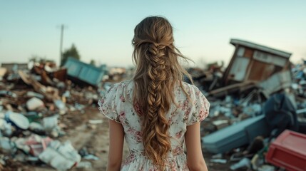 A young woman in a floral dress stands among a pile of debris, reflecting on the environmental decay and the contrast between beauty and neglect in her surroundings.