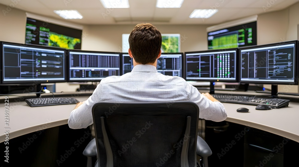 Poster engineer monitoring integrated systems dashboard in high-tech control room