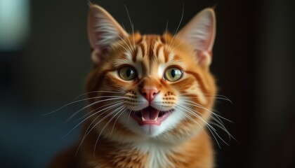 Fototapeta premium Funny smiling cat with a cute expression, Red background highlights the animal's features.