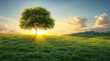Obraz premium A single tree stands in a grassy field under a golden sunset