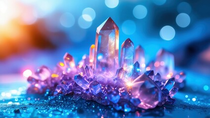 crystal cluster, amethyst points, magical glow, blue bokeh background, macro photography, fantasy lighting, ethereal atmosphere, gemstones, mineral formation, iridescent reflections, vibrant colors, m