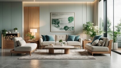 A modern living room featuring soft furniture, green accents, and natural light, creating a serene and inviting atmosphere.