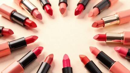 Obraz premium A Colorful Array of Lipstick Tubes Arranged in a Circular Pattern on a Light Beige Background, Showcasing a Variety of Shades and Textures for Makeup Application
