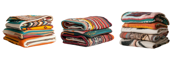 Colorful patterned blankets on a transparent background displayed neatly